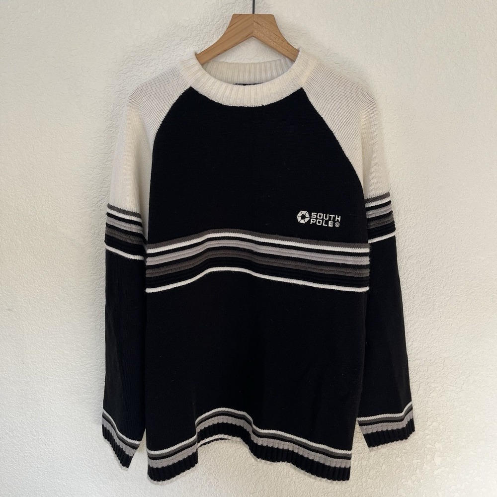 VTG Southpole Knit Sweater Mens XL Black White Grey Crewneck Rap Spell Out Y2K